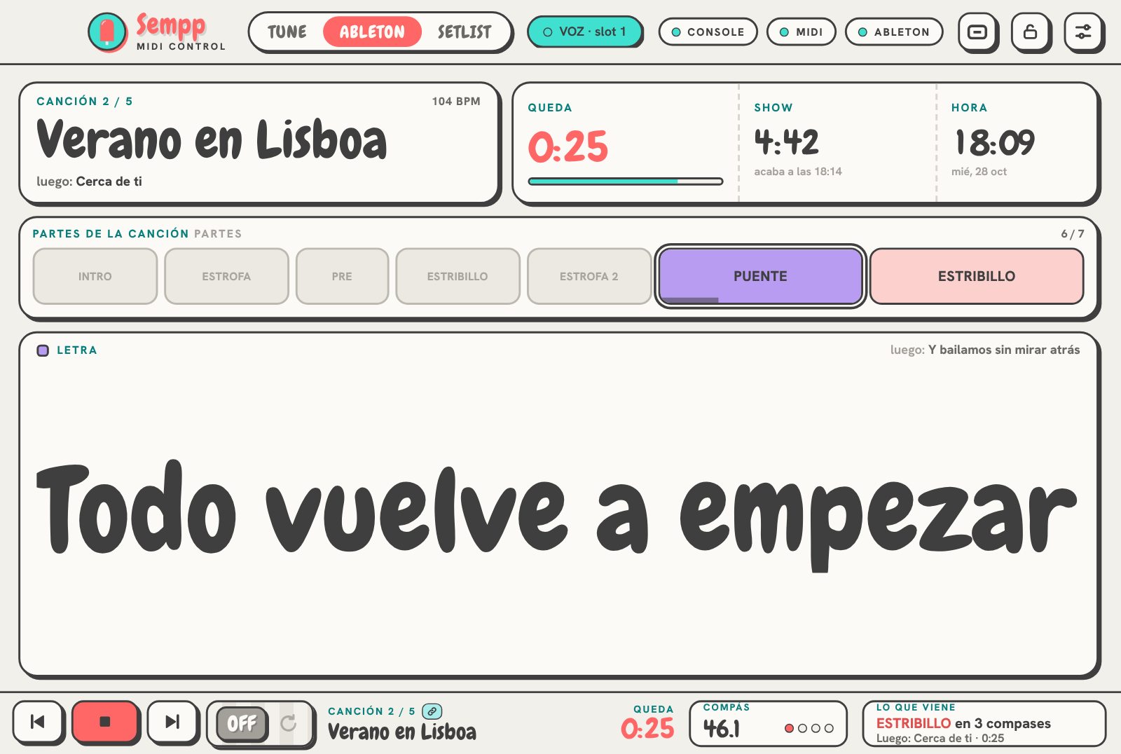 Vista Ableton de SEMPP: canción, cuenta atrás, partes, letra y barra de transporte